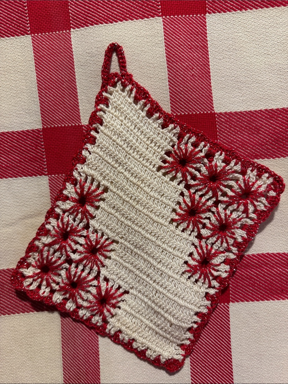 Handmade Cream and Red Crochet Pot Holder